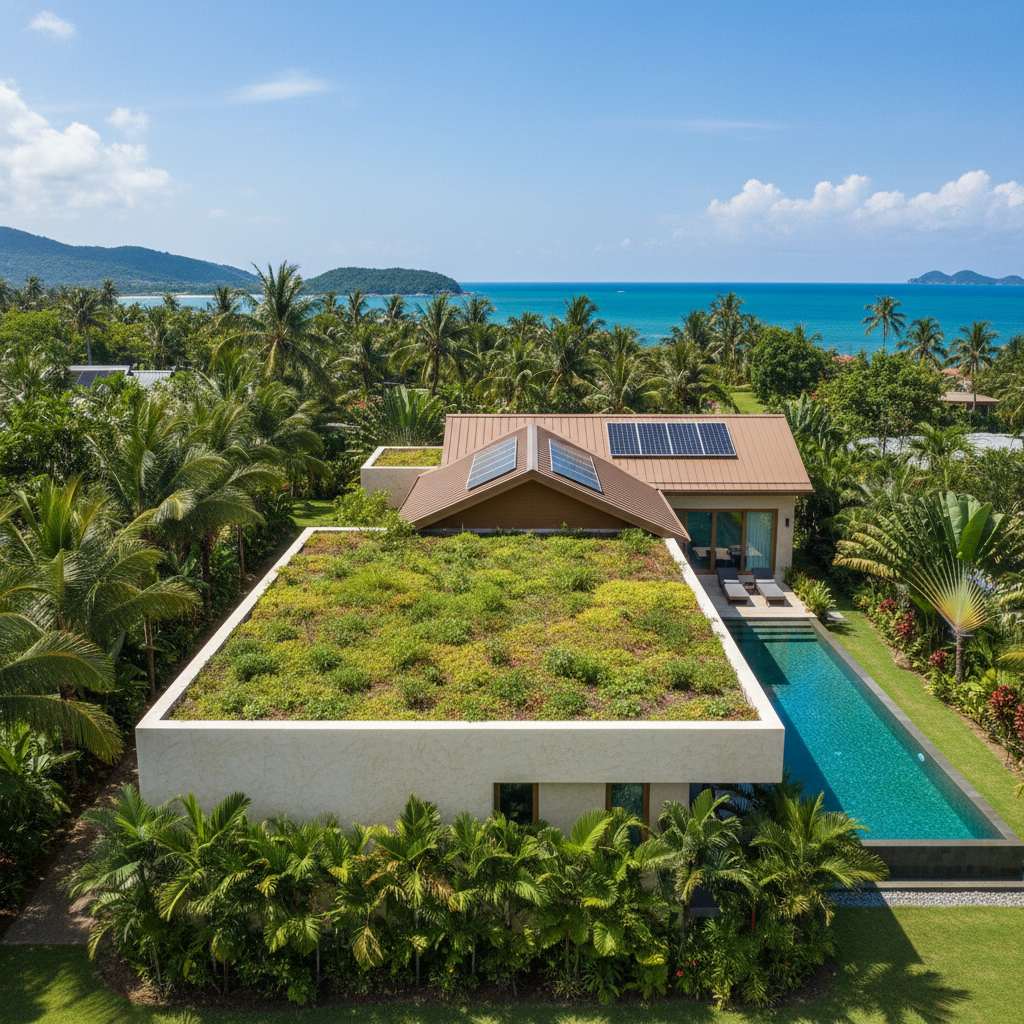 Aerial drone view showing green roof and metal roof sections