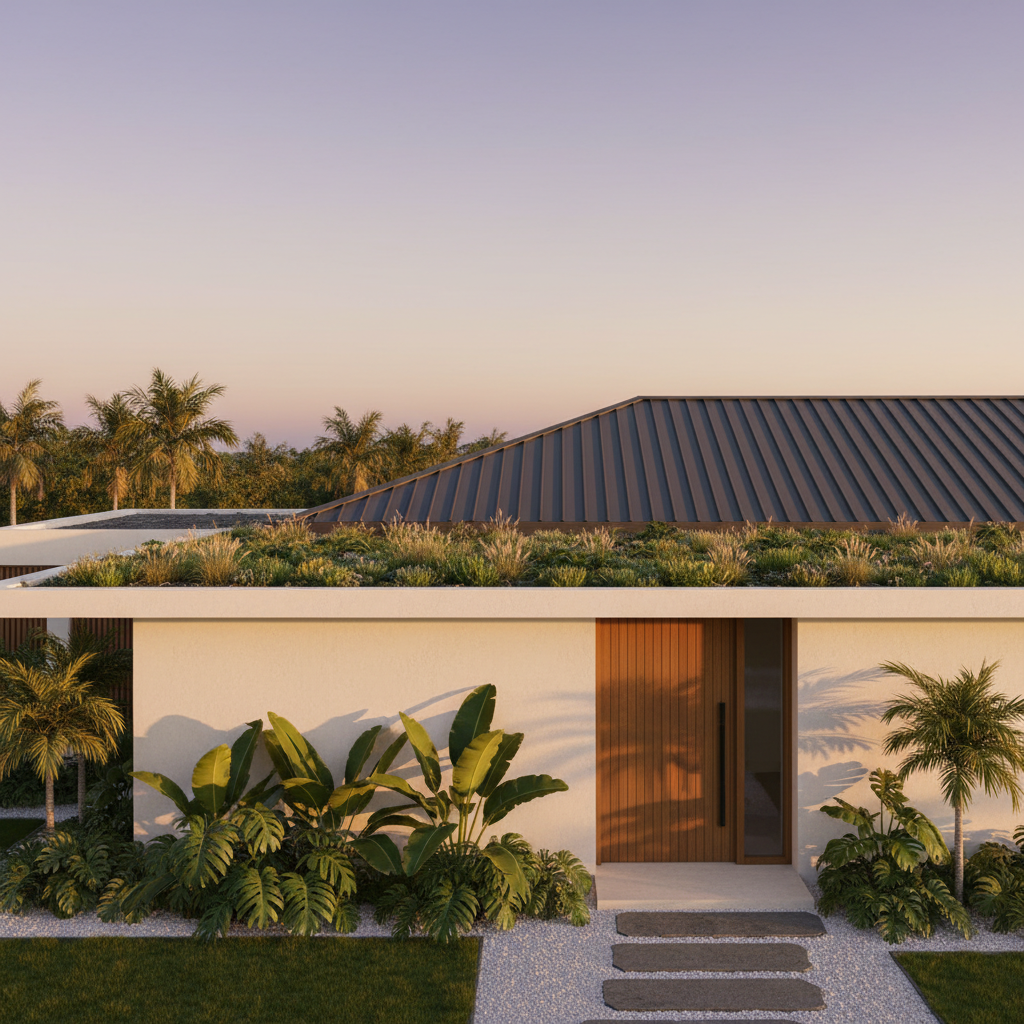 Option B rendering — west entrance with green roof and Snap Lock rise