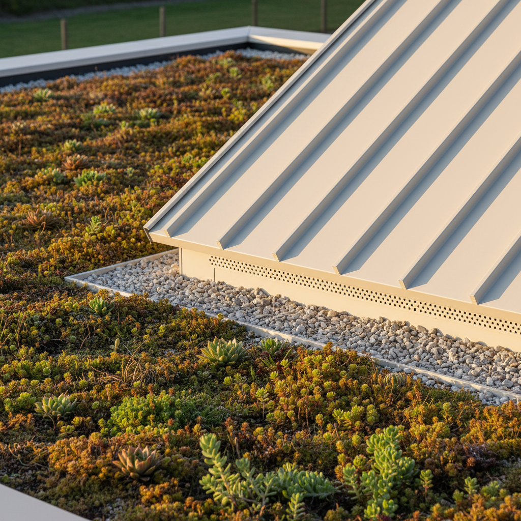 Close-up of green roof to standing seam metal roof junction with gravel drainage strip