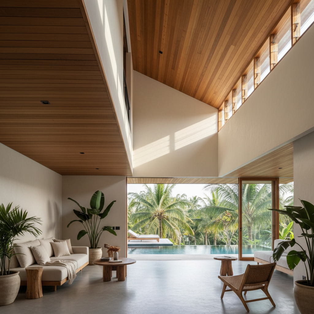 Interior showing flat ceiling transitioning to rising raked wood ceiling with pool view