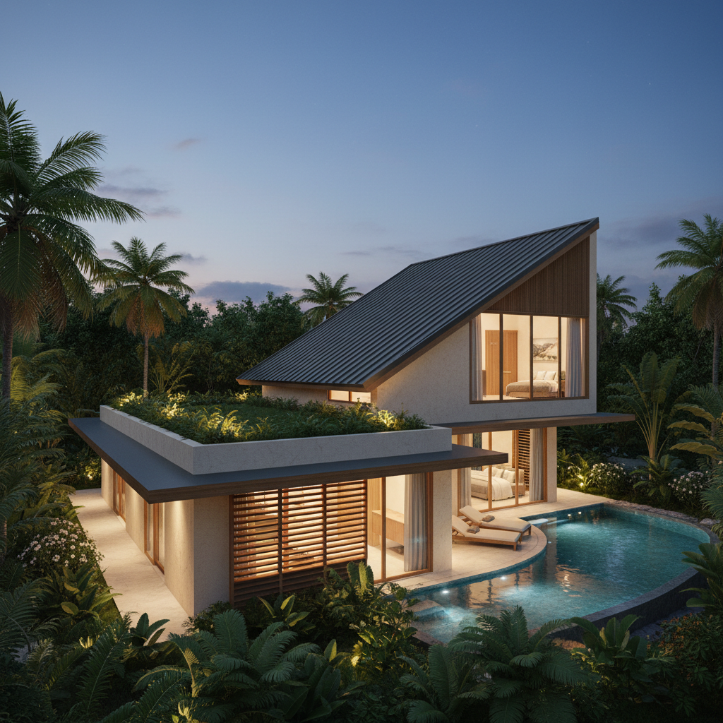 North gable view at twilight showing flat green roof and rising metal roof profile